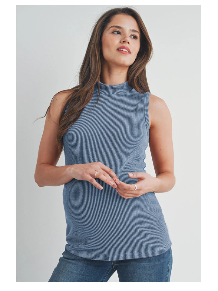 Ribbed Mock Neck Maternity Tank Top - Red Brown/Denim