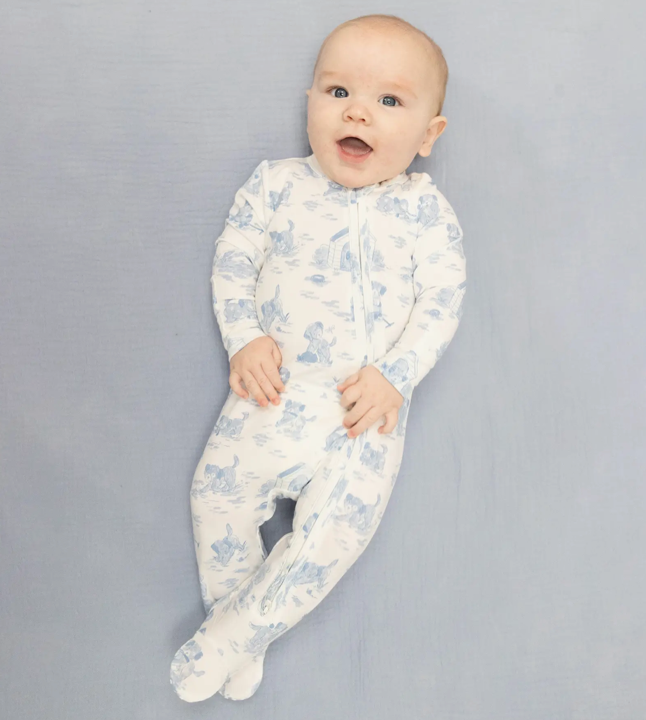 Puppy Toile Blue 2 Way Zipper Footie