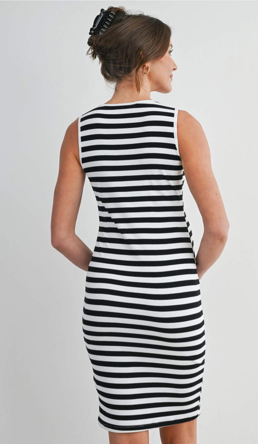 Ribbed Striped Maternity Bodycon Dress with Henley Neckline