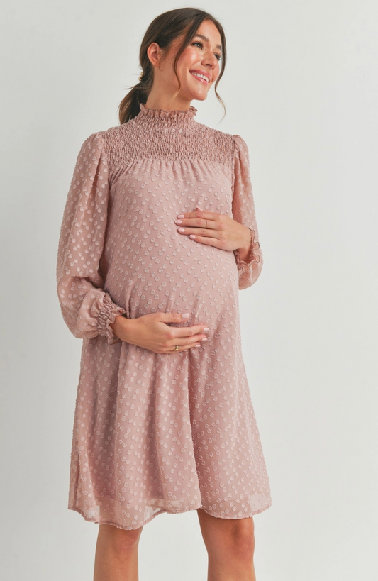 Smocked Long Sleeve Mock Neck Maternity Dress