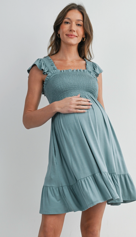 Smocked Tiered Maternity Mini Dress with Flutter Sleeves