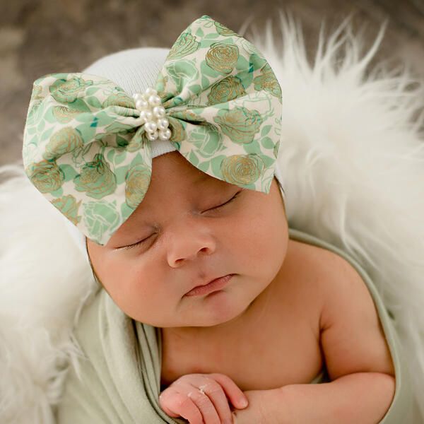 Green Gold Pearl Floral Bow