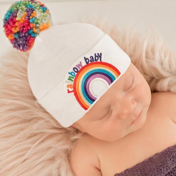 ilybean white hat with rainbow patch & pompom